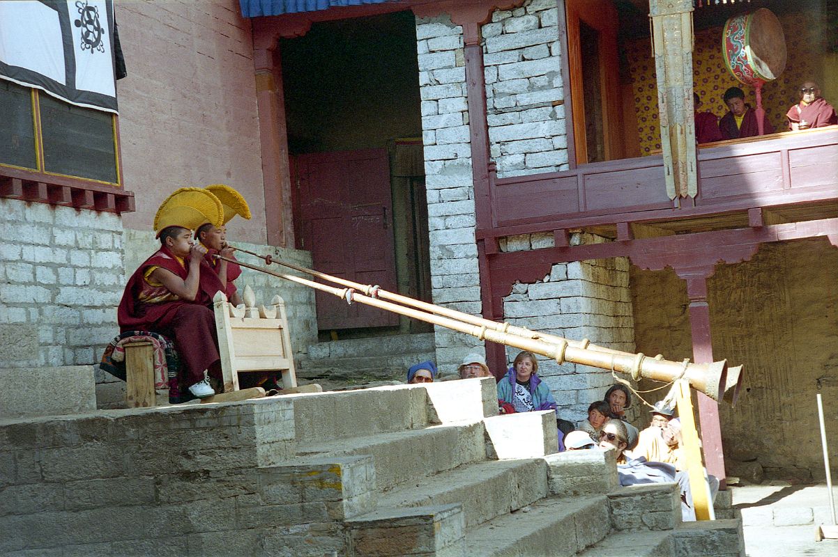 22 Tengboche Gompa 1997 Mani Rimdu Rehearsal Two Young Monks Blow Horns To Start The Festival